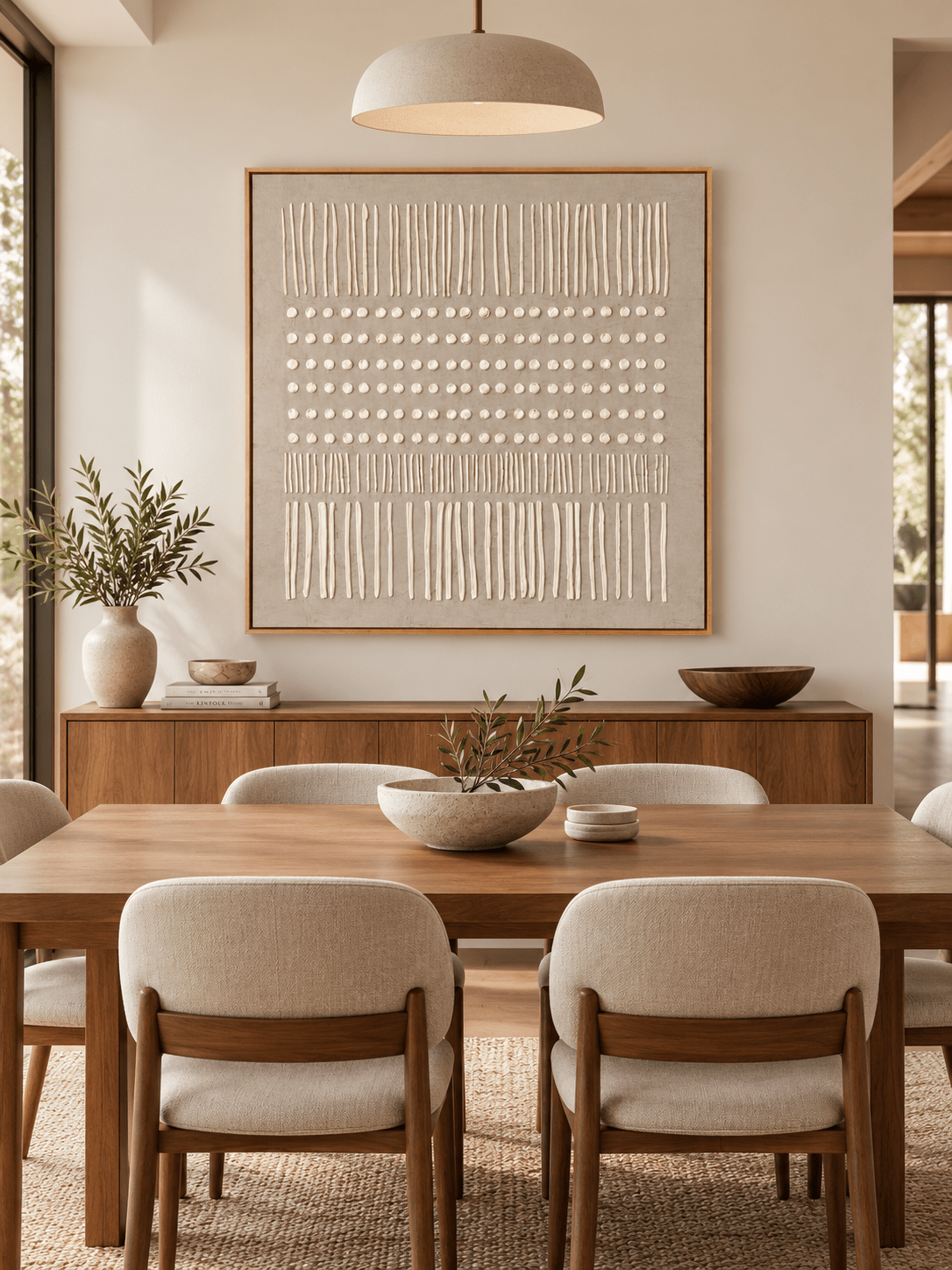 Large neutral geometric relief wall art displayed in an organic modern open dining room with natural wood furniture