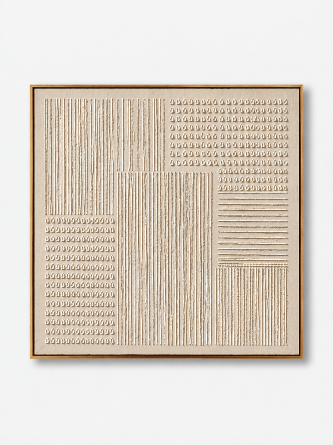 Hand-painted white textured geometric wall art with sculptural ivory lines and relief symbols by Eliot Vermeer