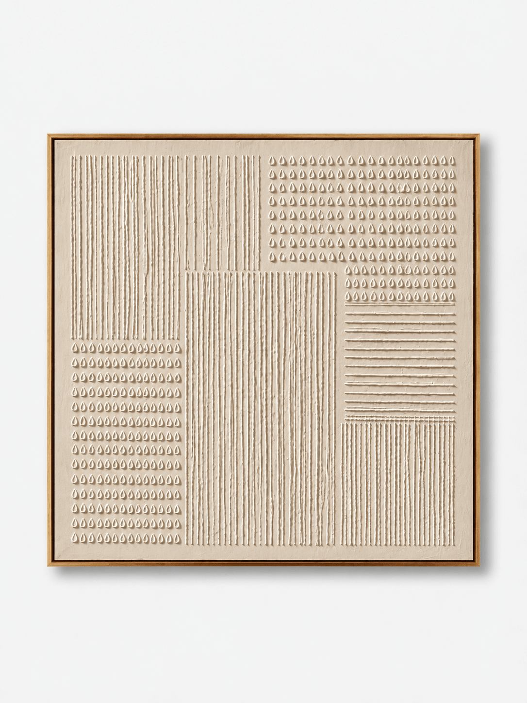 Hand-painted white textured geometric wall art with sculptural ivory lines and relief symbols by Eliot Vermeer