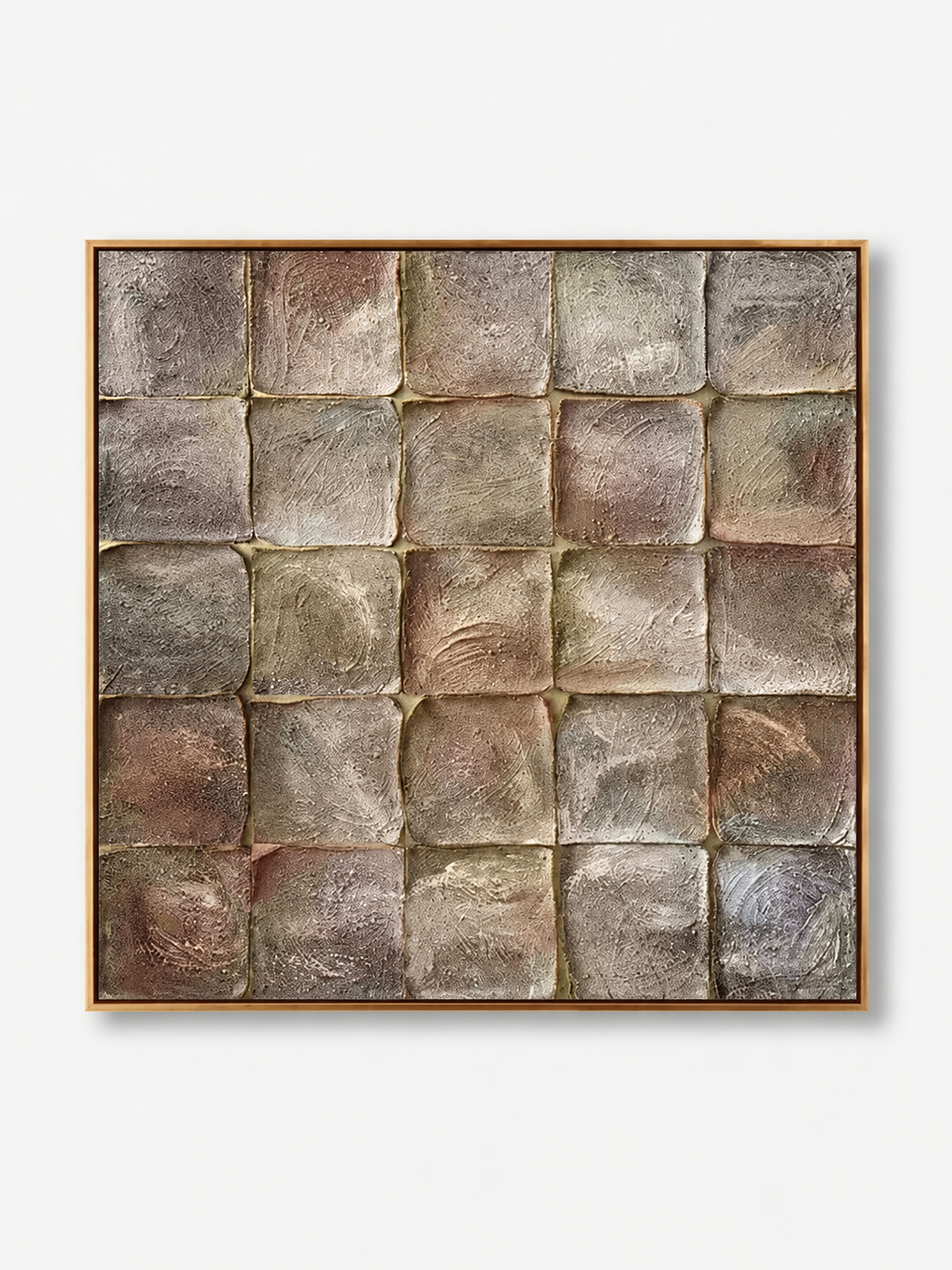 Hand-painted taupe textured geometric wall art with bronze-toned brown and pewter gray square blocks by Eliot Vermeer