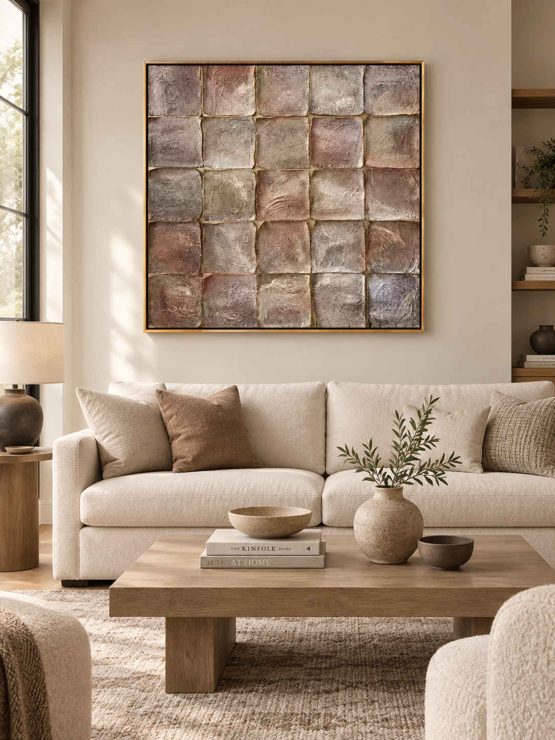 Large taupe textured geometric wall art displayed above a cream sofa in an organic modern living room