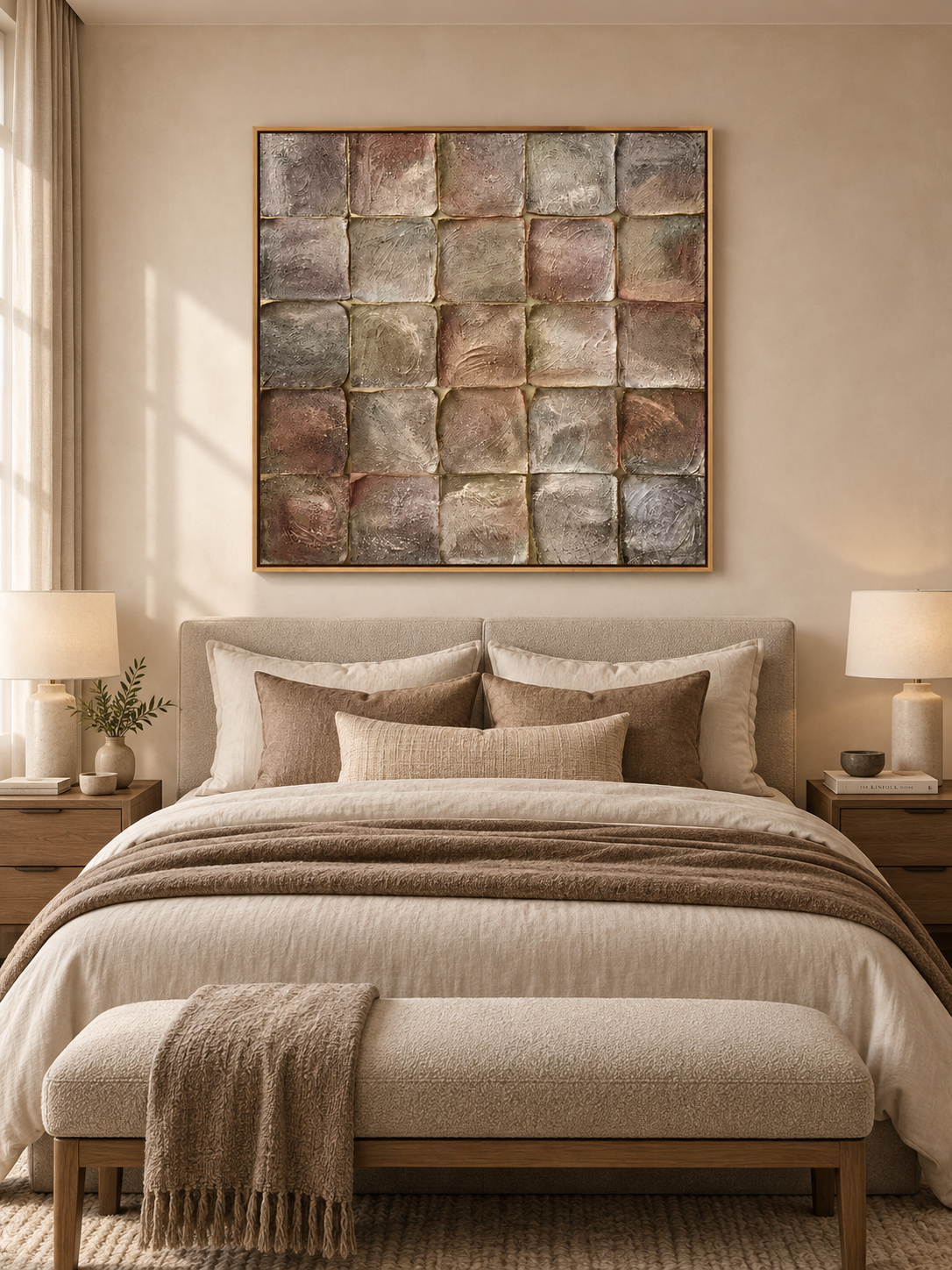 Taupe bronze-toned and gray textured abstract painting displayed above the bed in a warm neutral bedroom