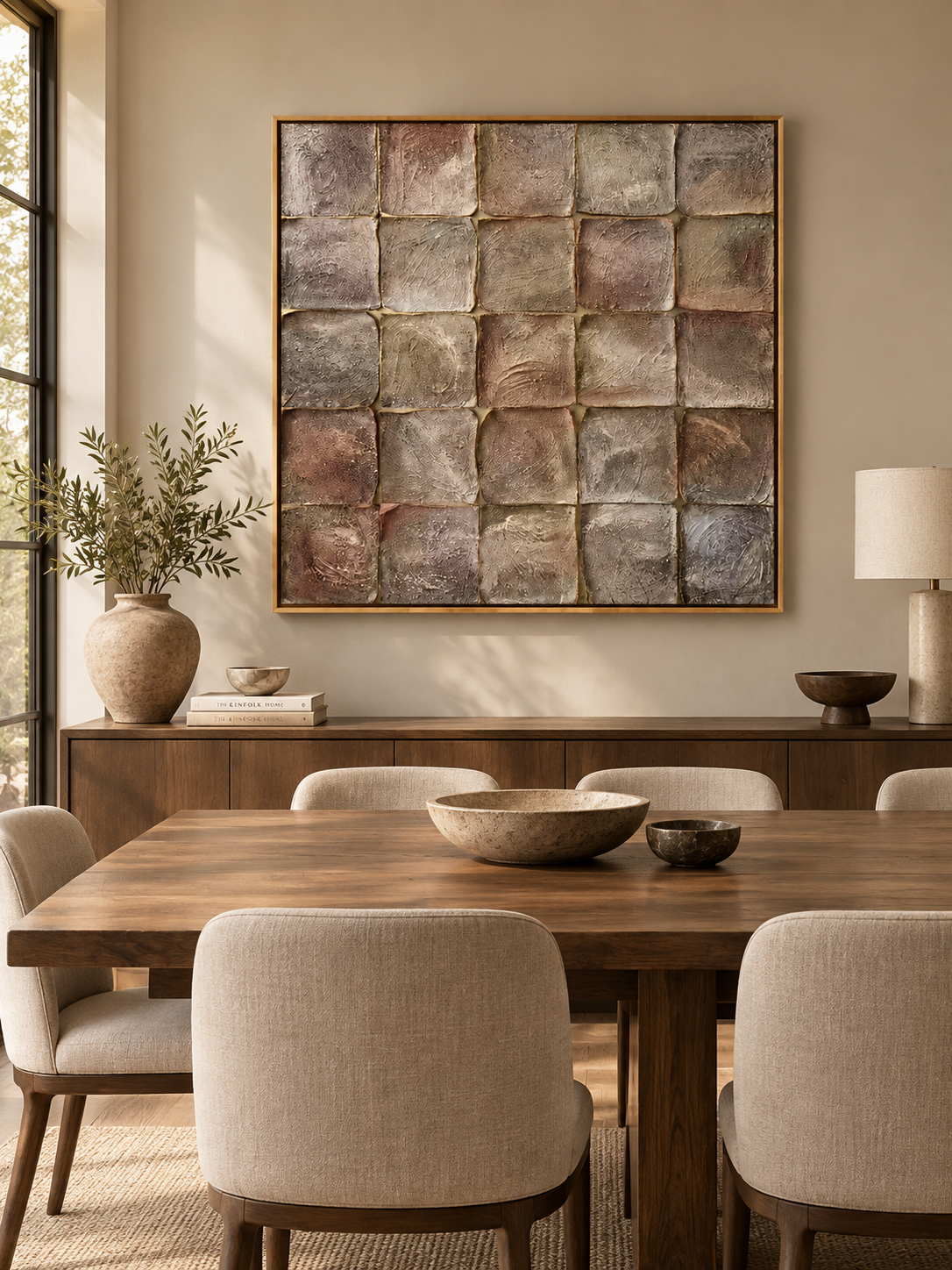 Large mineral-tone geometric wall art displayed in an organic modern open dining room with walnut furniture