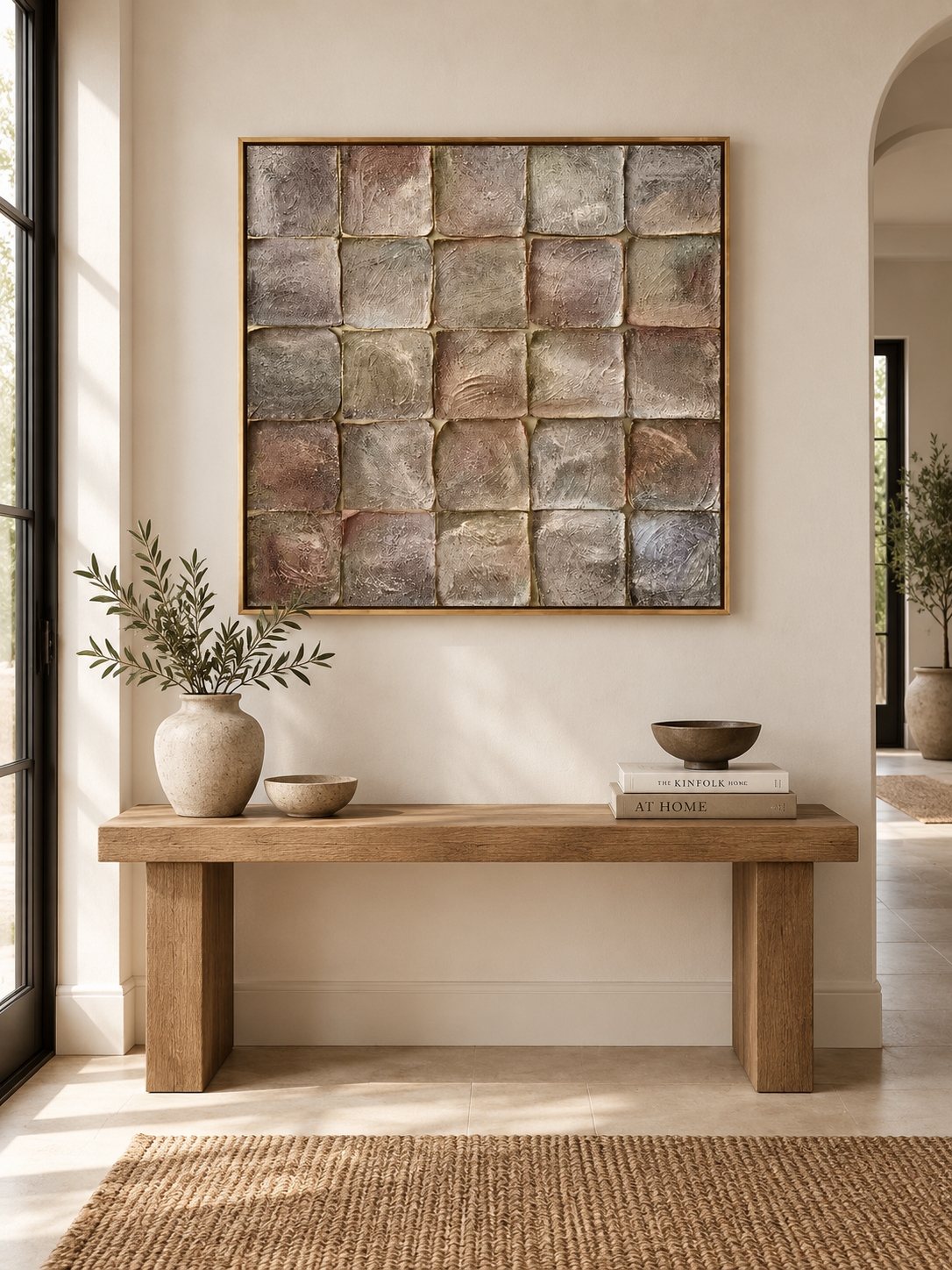 Square taupe wabi-sabi textured wall art displayed above an entryway console in a contemporary neutral interior
