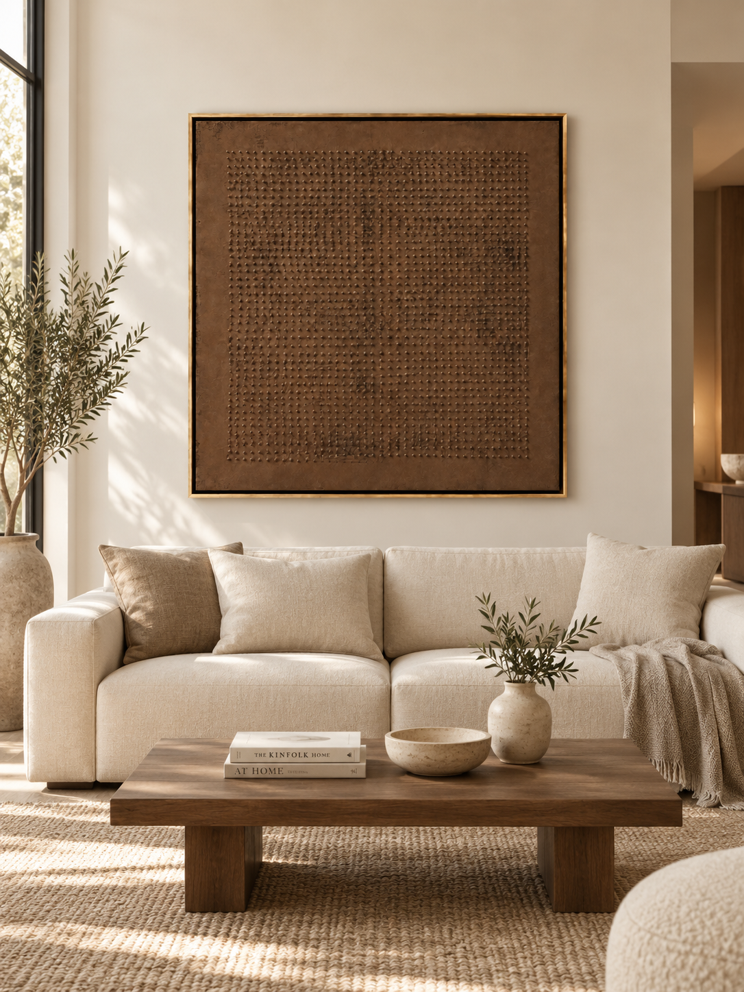 Large dark brown textured wall art displayed above a cream sofa in an organic modern living room