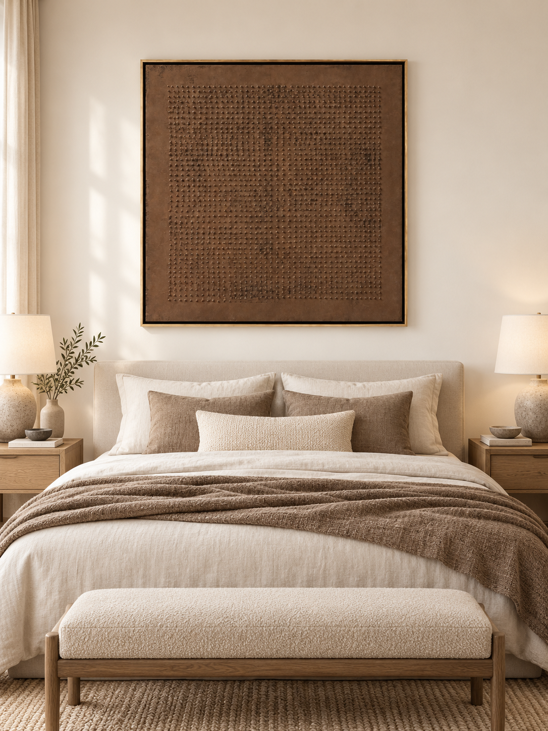 Monochrome brown wabi-sabi relief painting displayed above the bed in a warm neutral bedroom