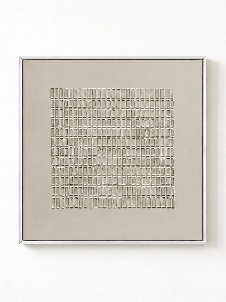 Hand-painted white 3D textured square canvas with an irregular raised rectangular grid on an ivory background