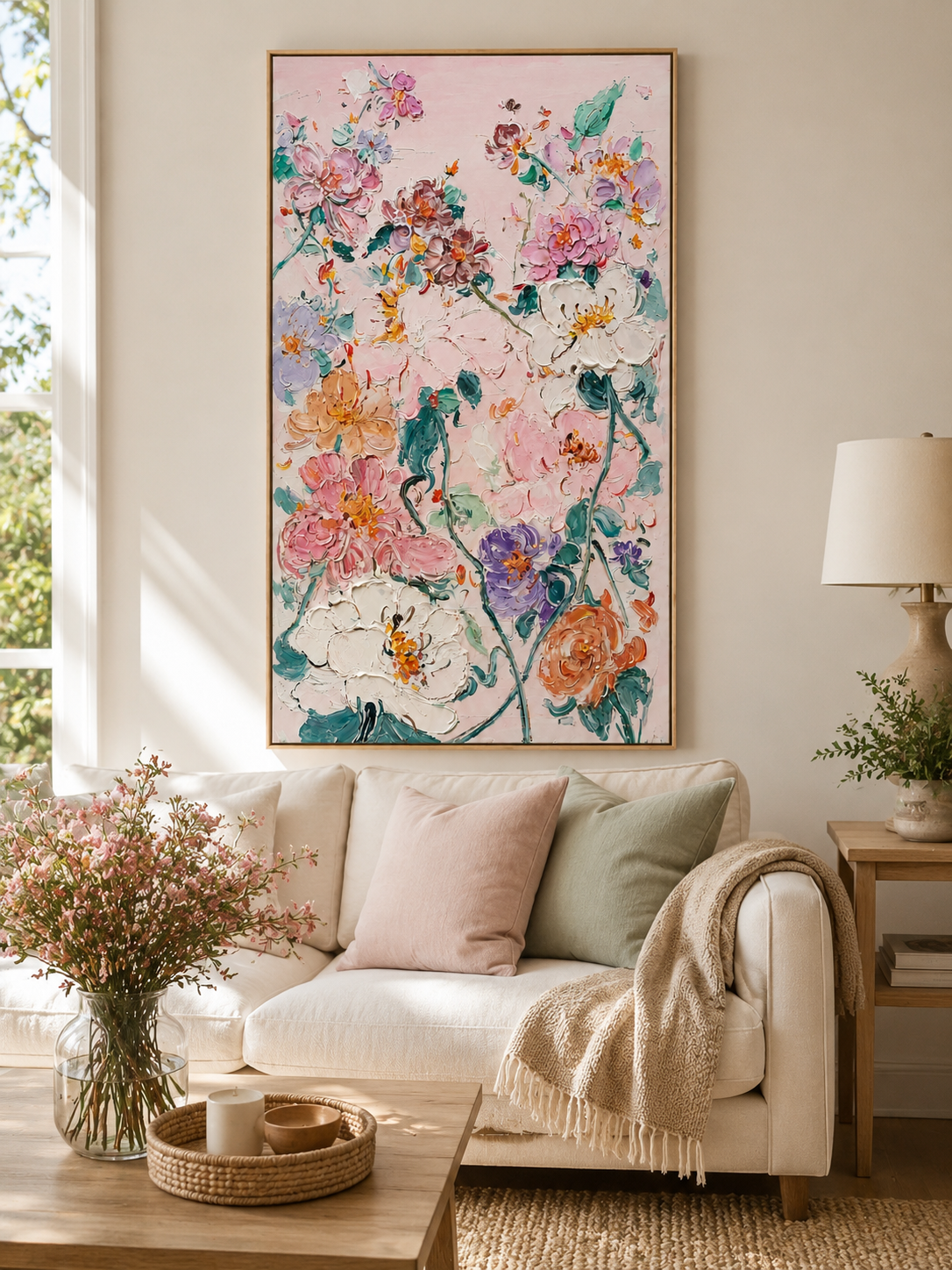 Modern textured floral wall art with blush pink background and raised pastel flowers