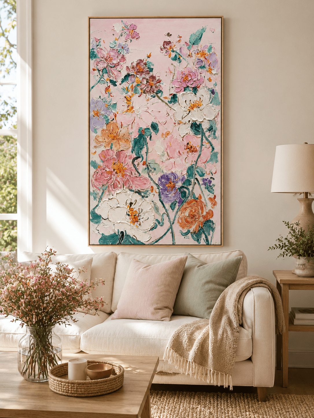 Modern textured floral wall art with blush pink background and raised pastel flowers