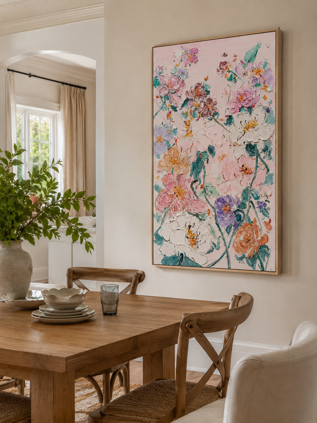 Hand painted pastel botanical canvas with pink, white, lavender and orange flowers