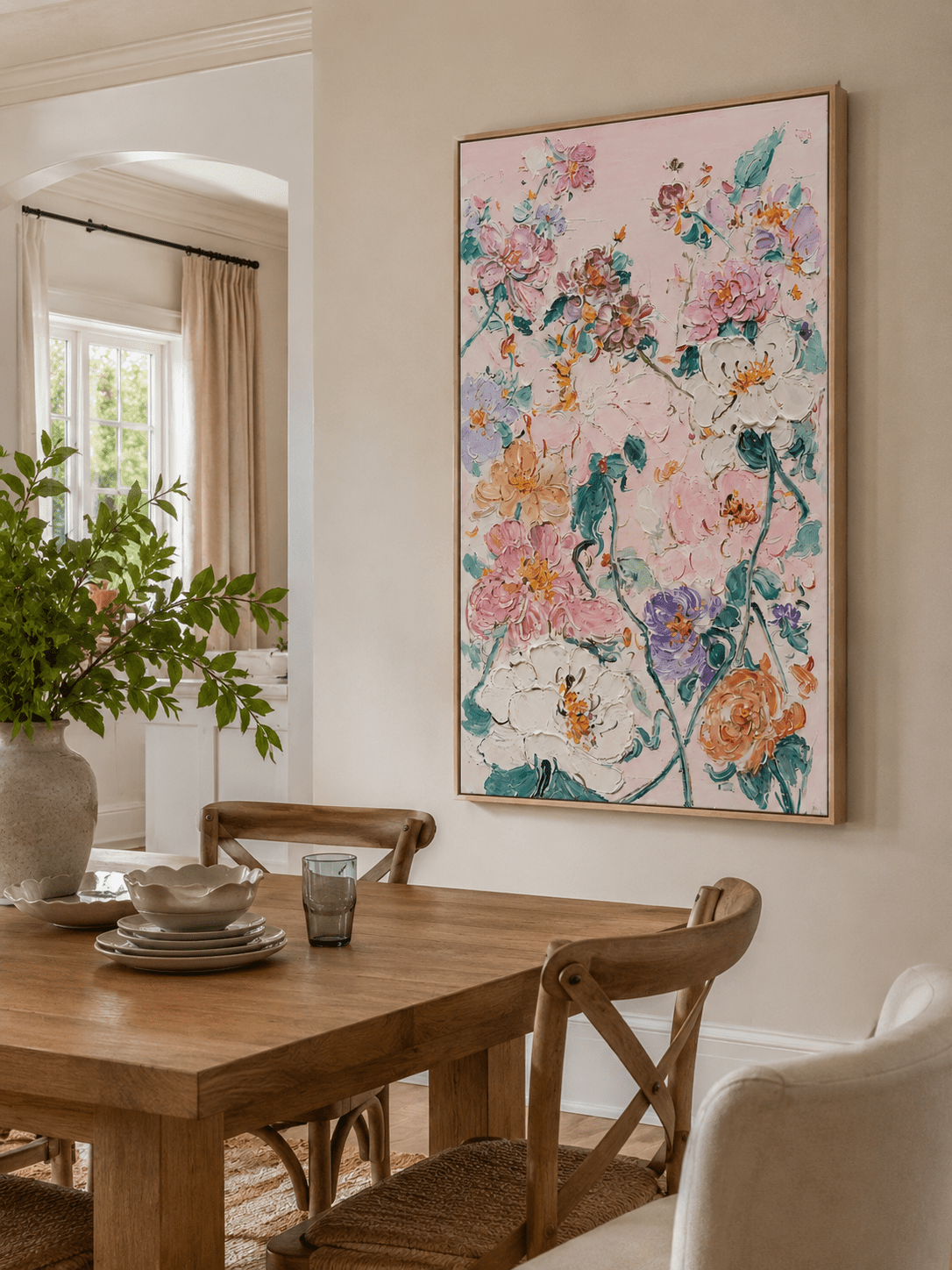 Hand painted pastel botanical canvas with pink, white, lavender and orange flowers