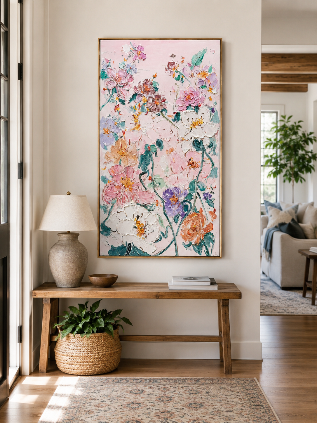 Blush wildflower garden wall art with teal green leaves and hand painted texture