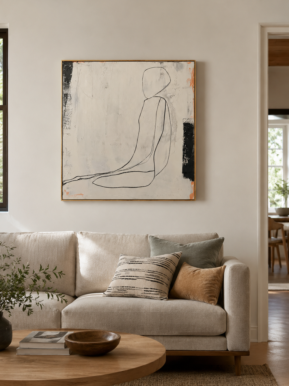 Modern female figure wall art with black line drawing and neutral abstract background