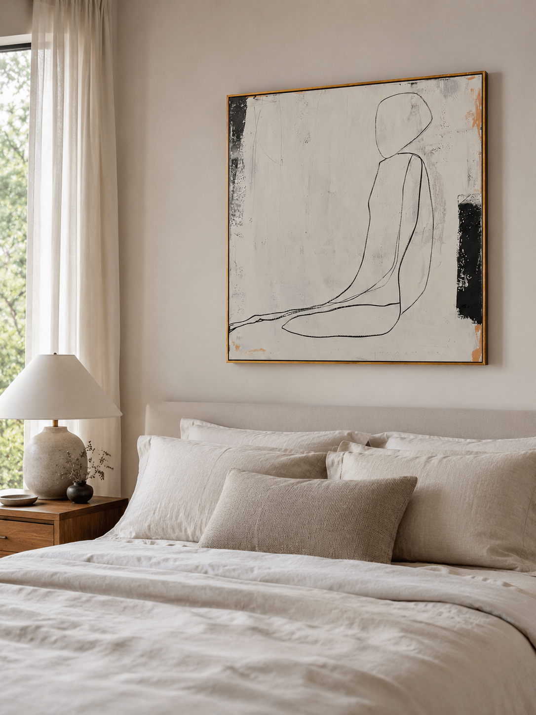 Minimalist woman line art painting with ivory, grey and black textured details