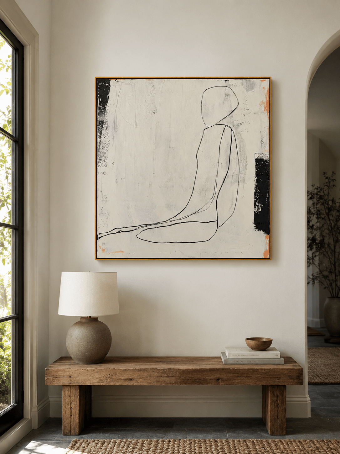 Contemporary minimalist figure drawing on textured canvas