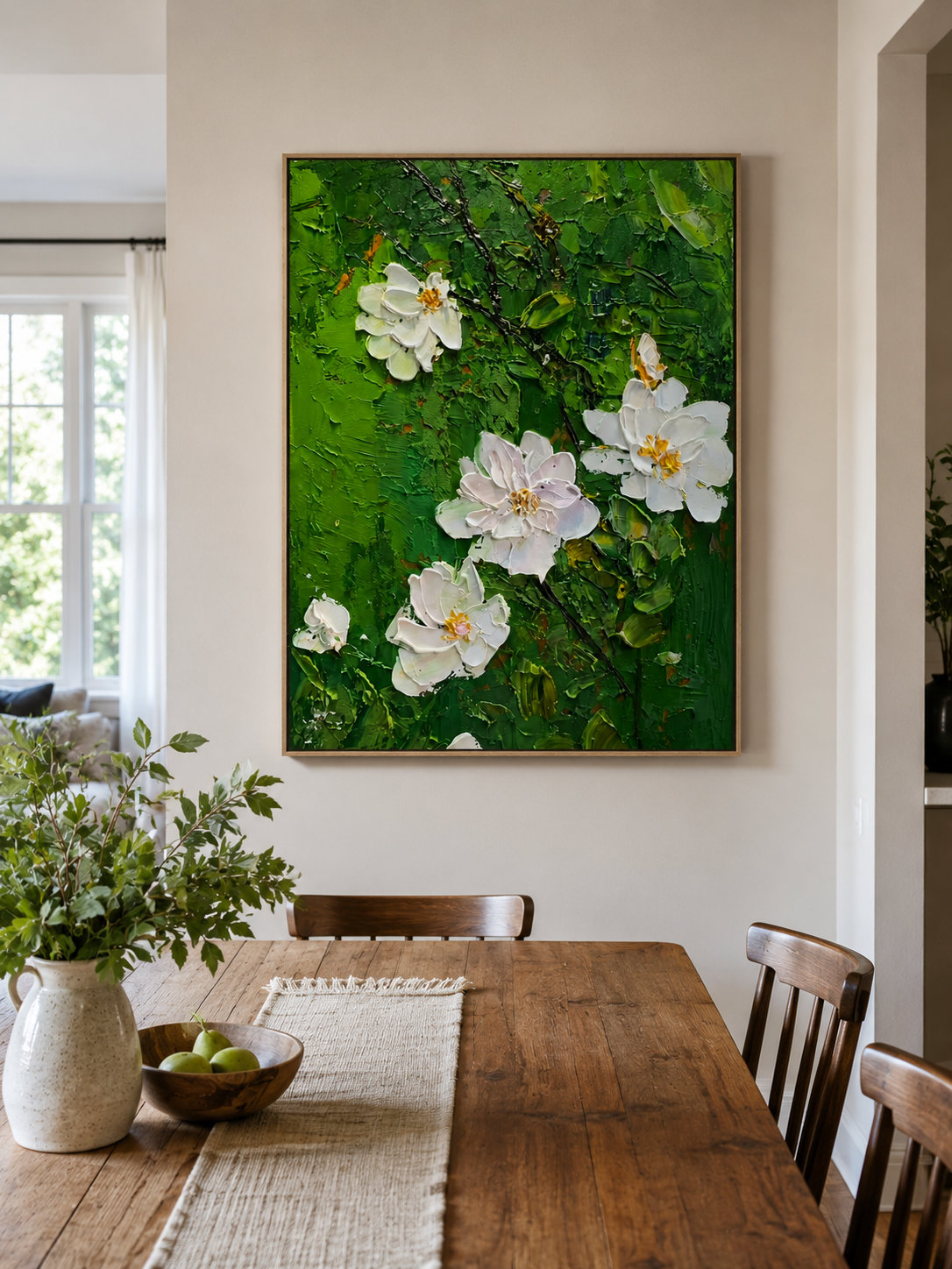 Green floral wall art with raised white flowers for living room and bedroom decor