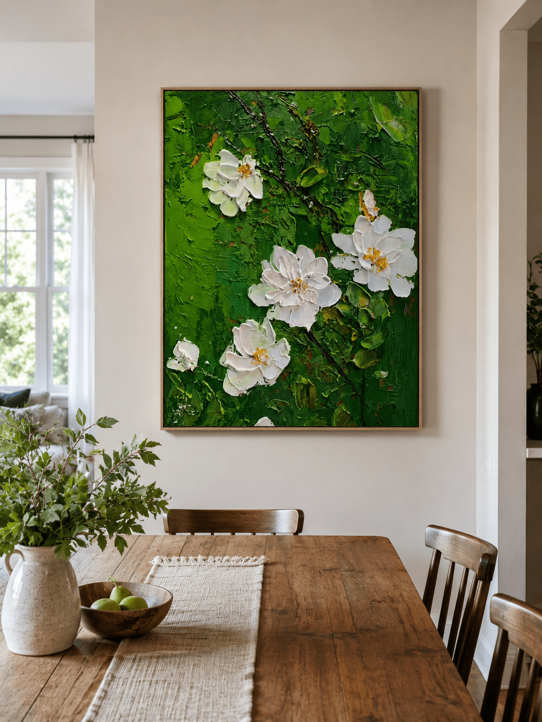 Green floral wall art with raised white flowers for living room and bedroom decor