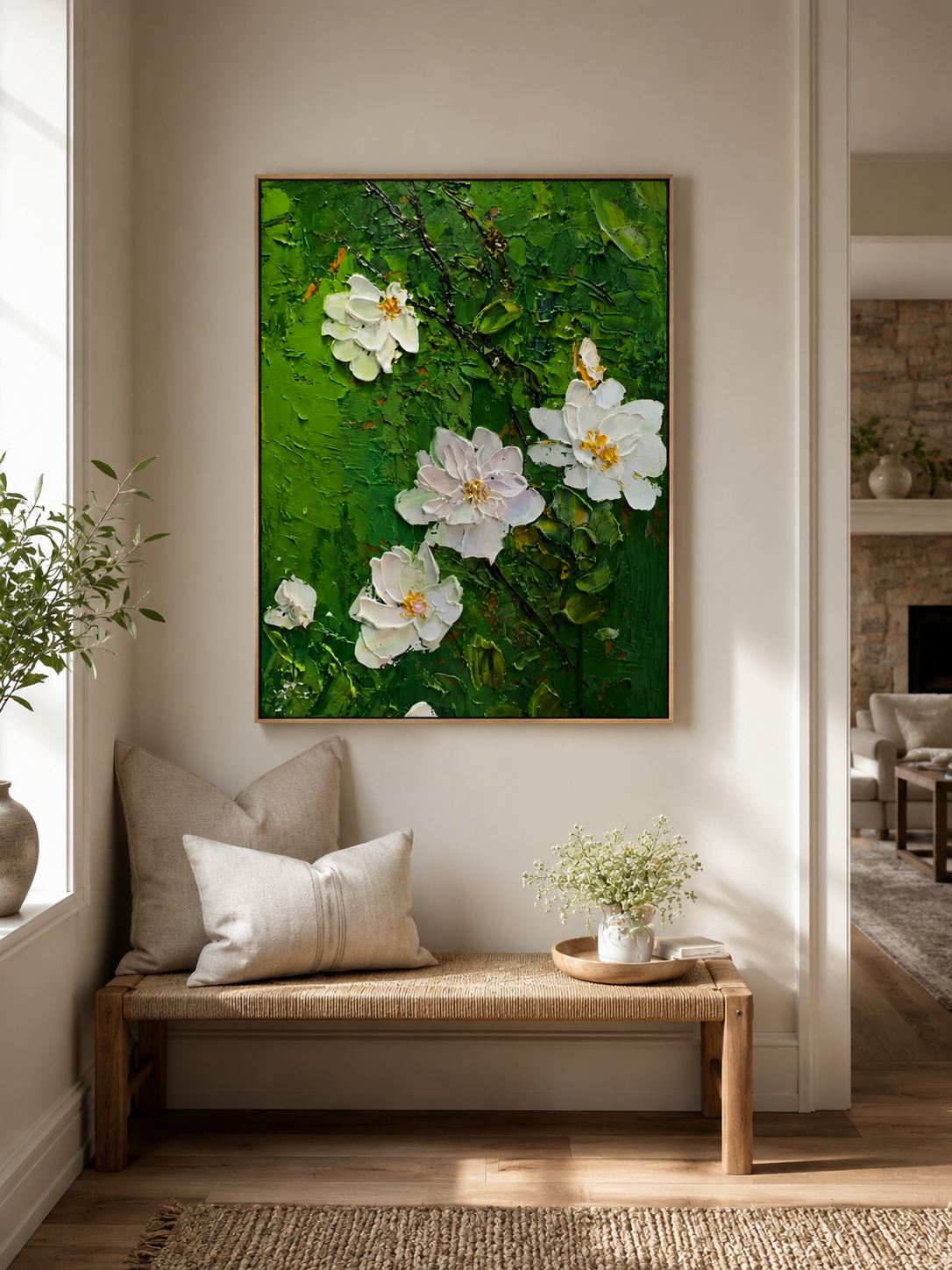 Nature-inspired floral canvas painting by Luna Xiao with white flowers and dark branches