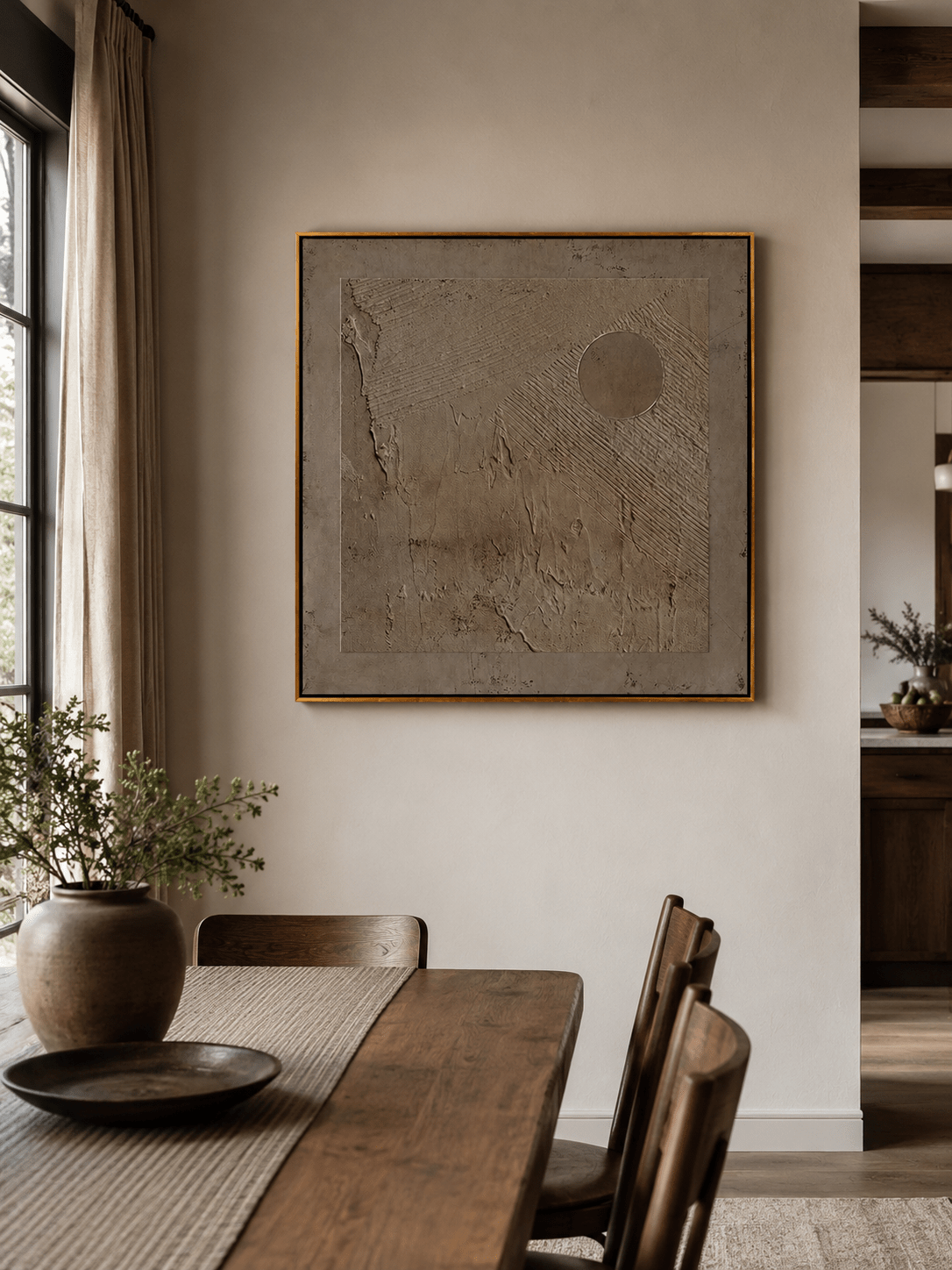 Earth tone wabi sabi wall art with raised ribbed texture and handmade relief details