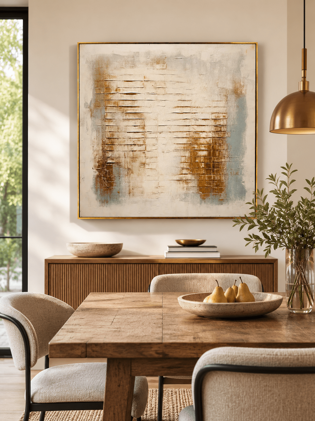 Weathered city grid wall art displayed in a neutral modern living room