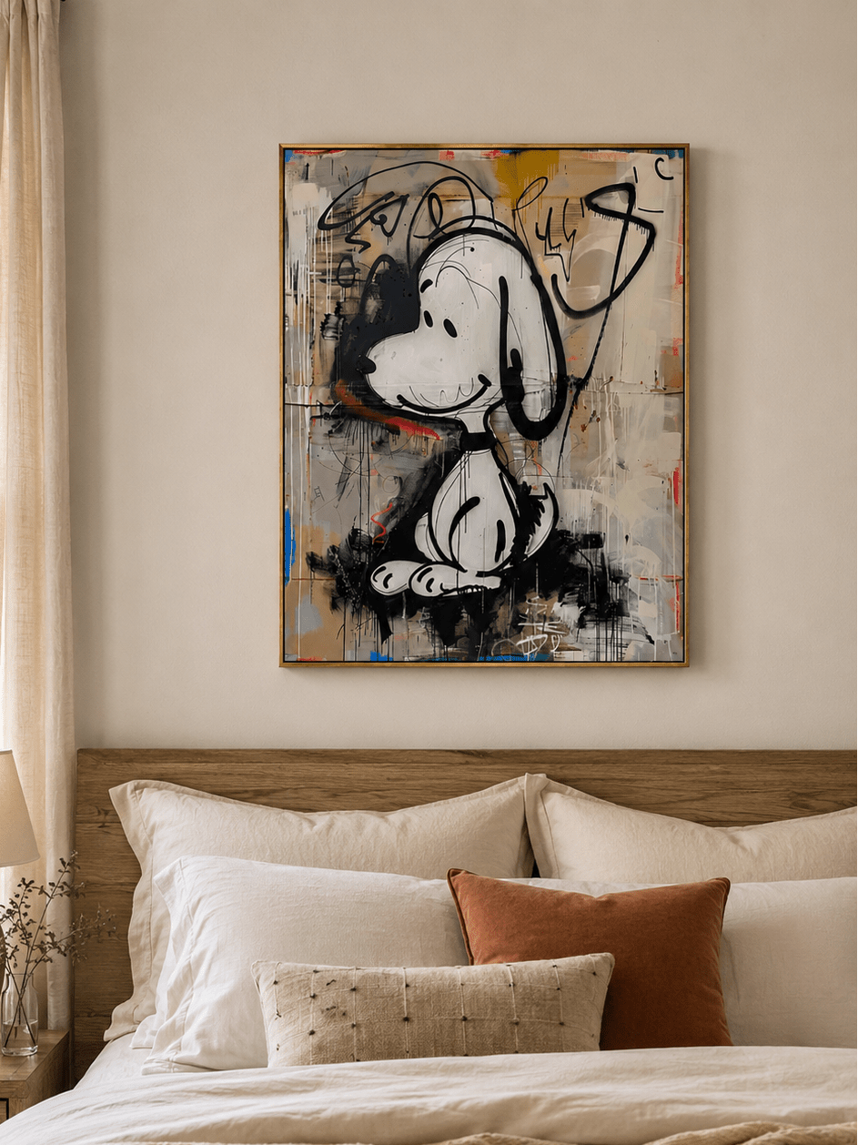 Hand-painted urban pop art canvas featuring a seated black-and-white cartoon beagle