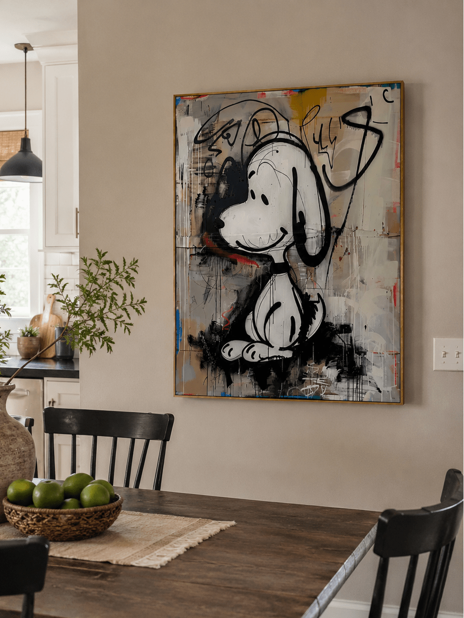 Graffiti-style dog painting with cream, grey, red, yellow and blue details