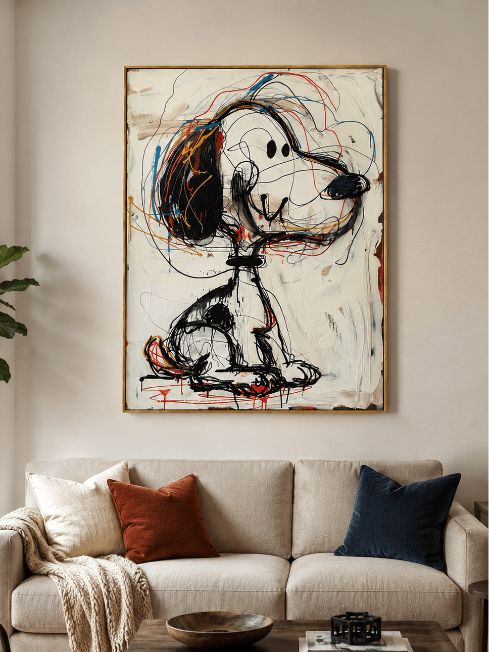 Abstract cartoon dog painting with expressive black lines and colorful graffiti marks
