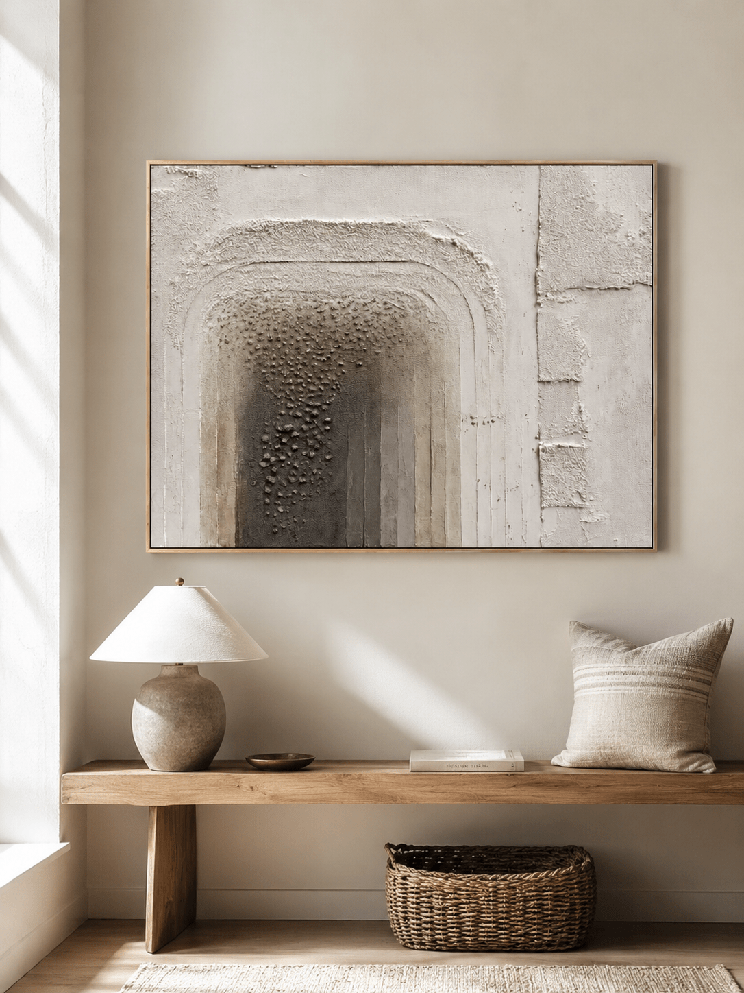 Beige and greige textured abstract painting with architectural relief