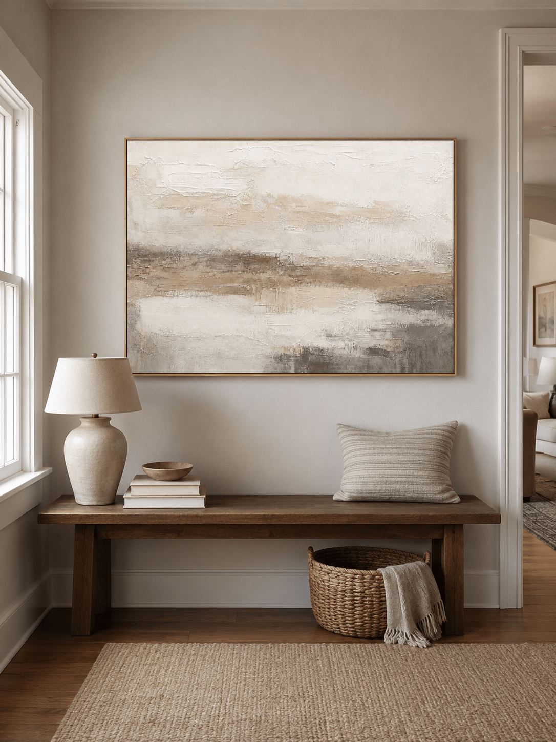 Minimalist ivory and greige canvas with an atmospheric horizontal horizon