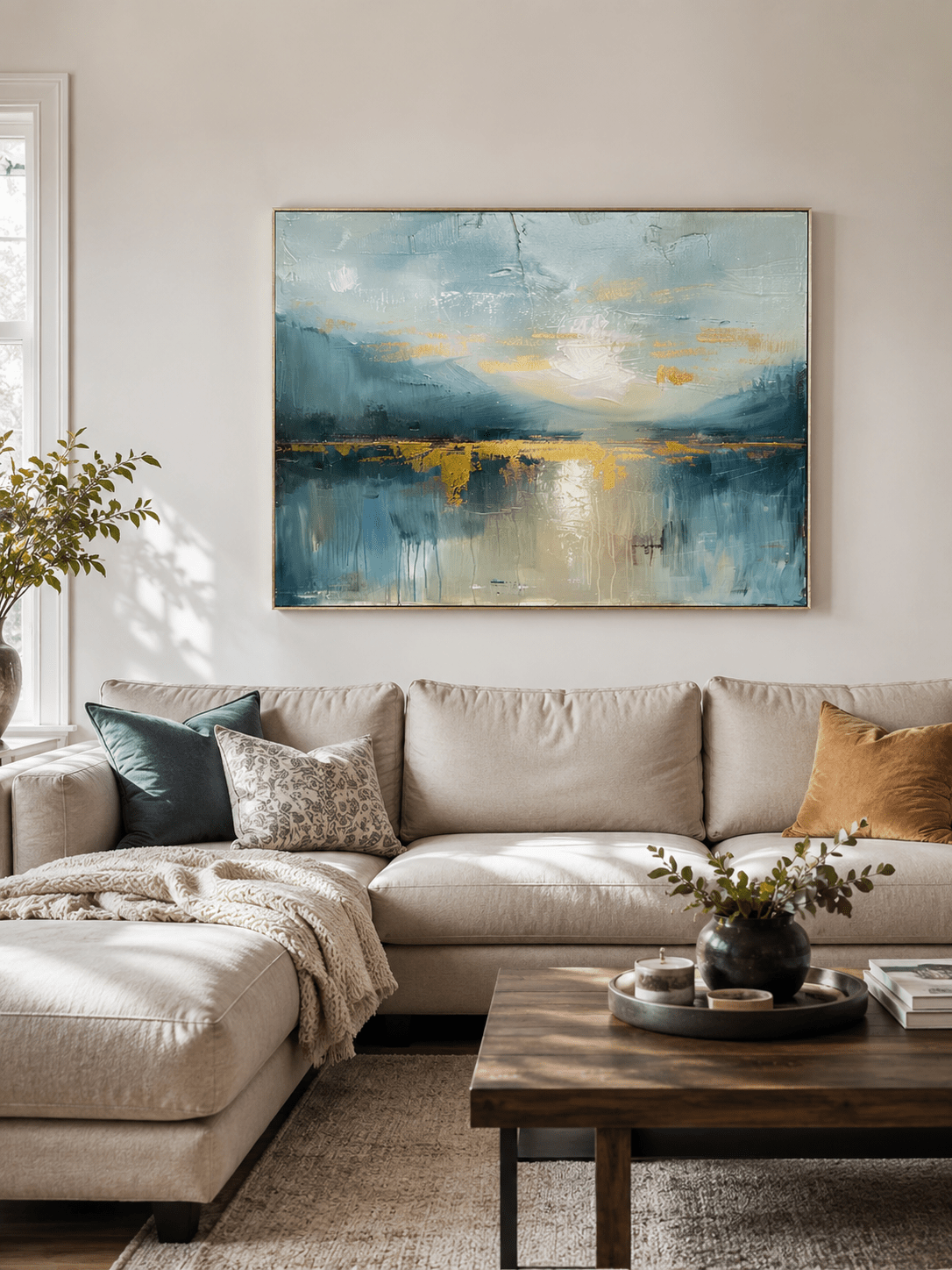 Blue and gold landscape wall art displayed above a modern living-room sofa