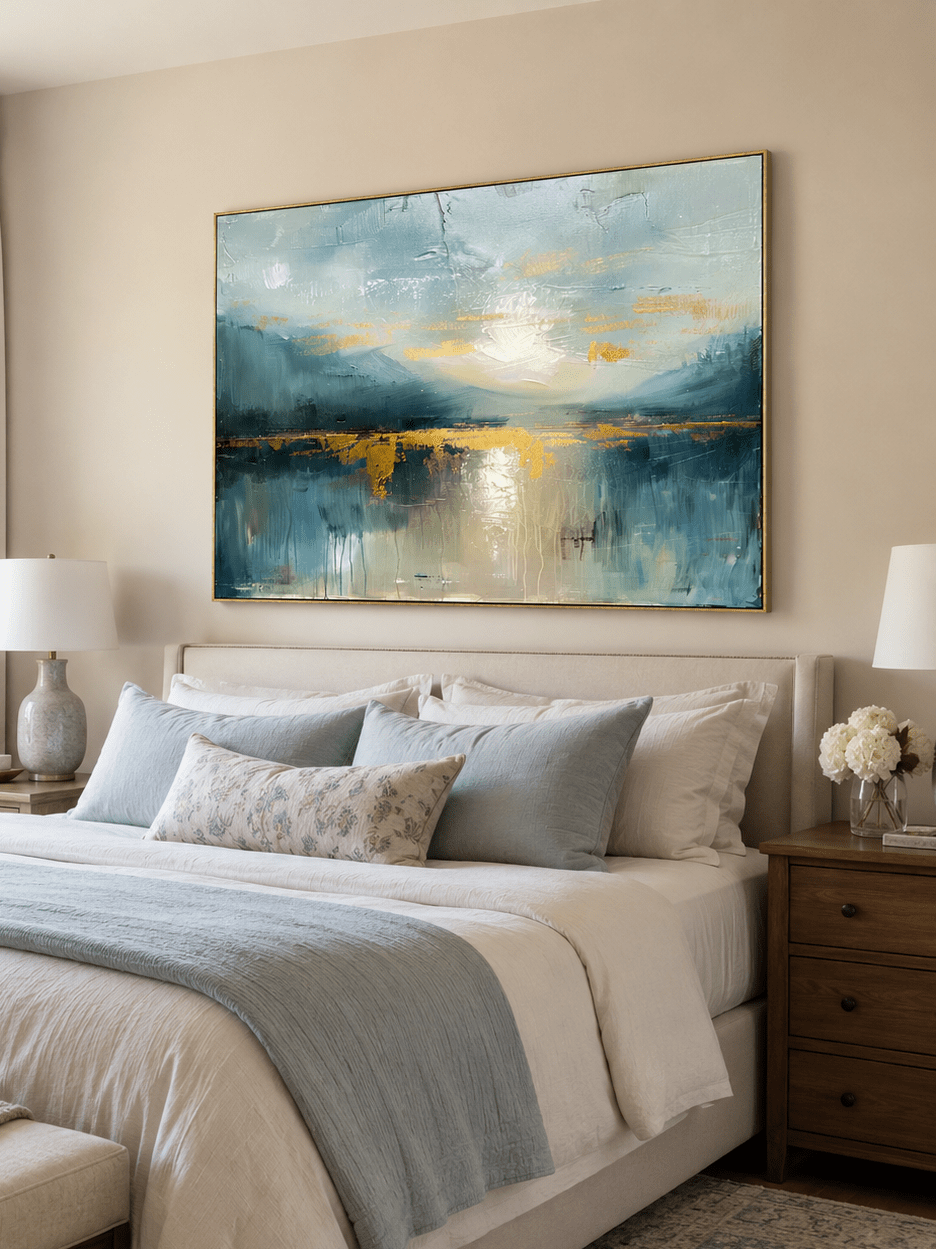 Modern blue lake landscape painting with gold-toned horizon accents