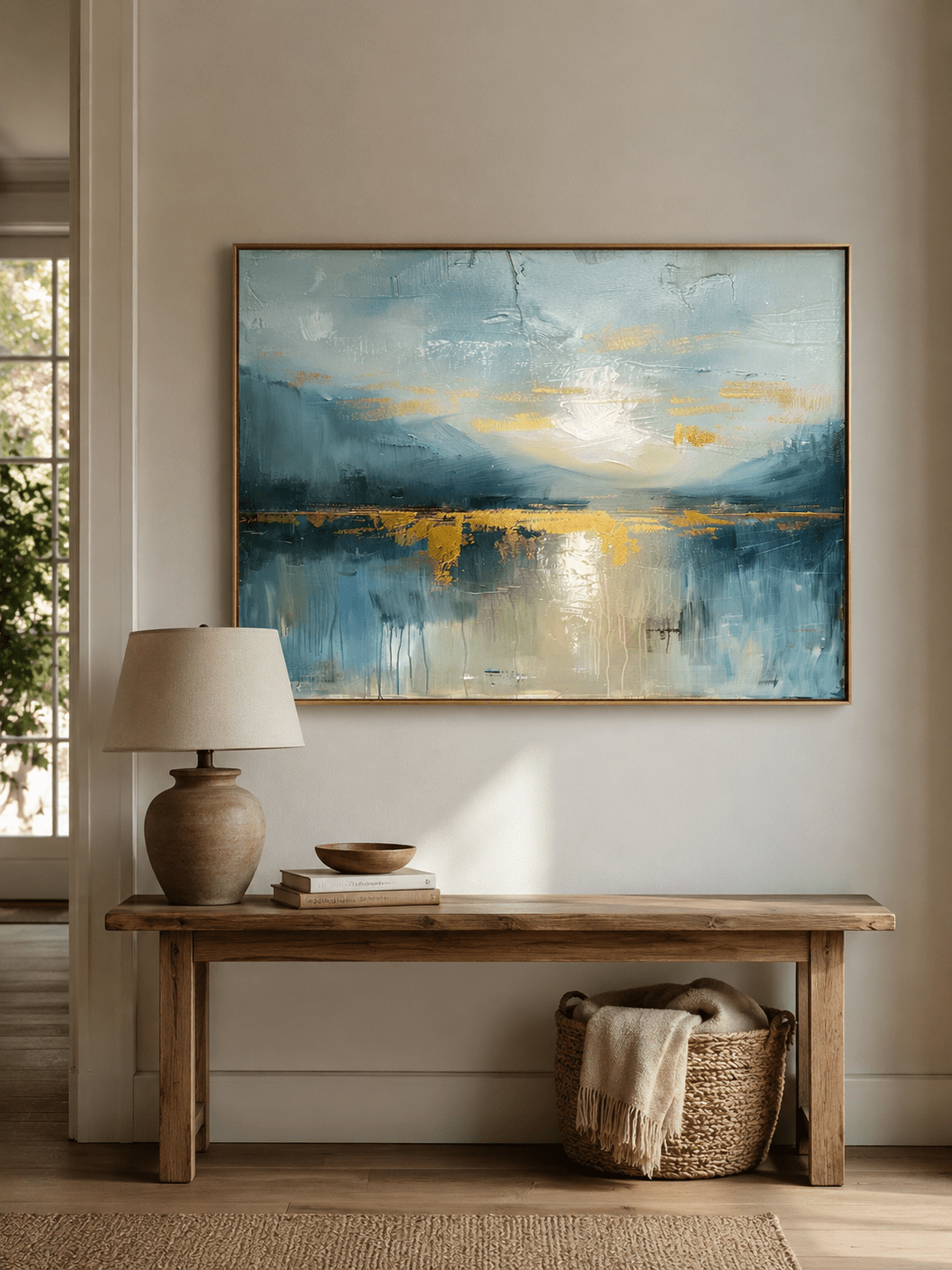 Abstract lake reflection painting with layered palette-knife texture