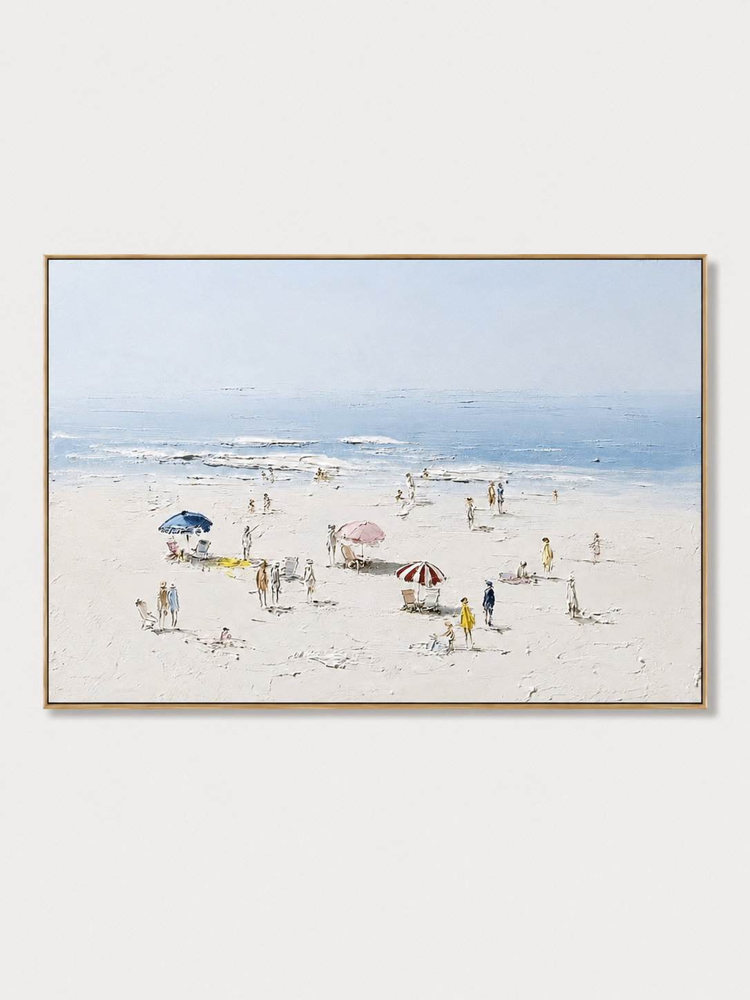 Hand-painted impressionist beach wall art with a blue sea, sandy shore, people and colorful umbrellas by Evelyn Li