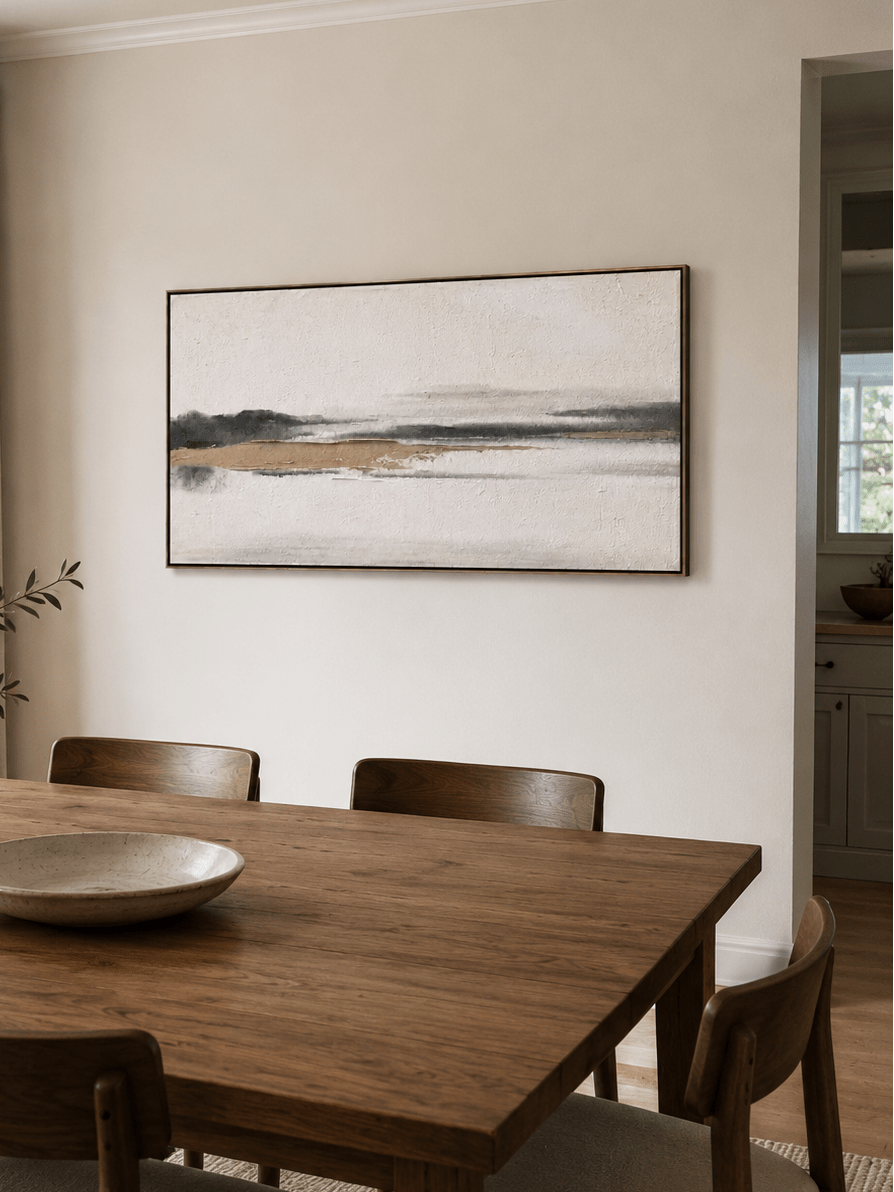 Minimalist horizontal landscape painting in ivory, charcoal and taupe