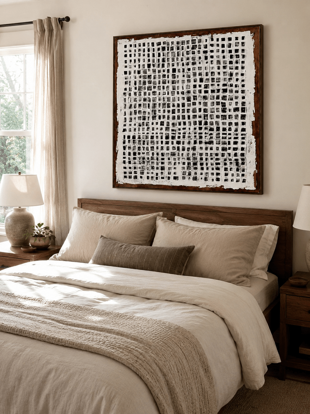 Black and white abstract grid wall art on square canvas