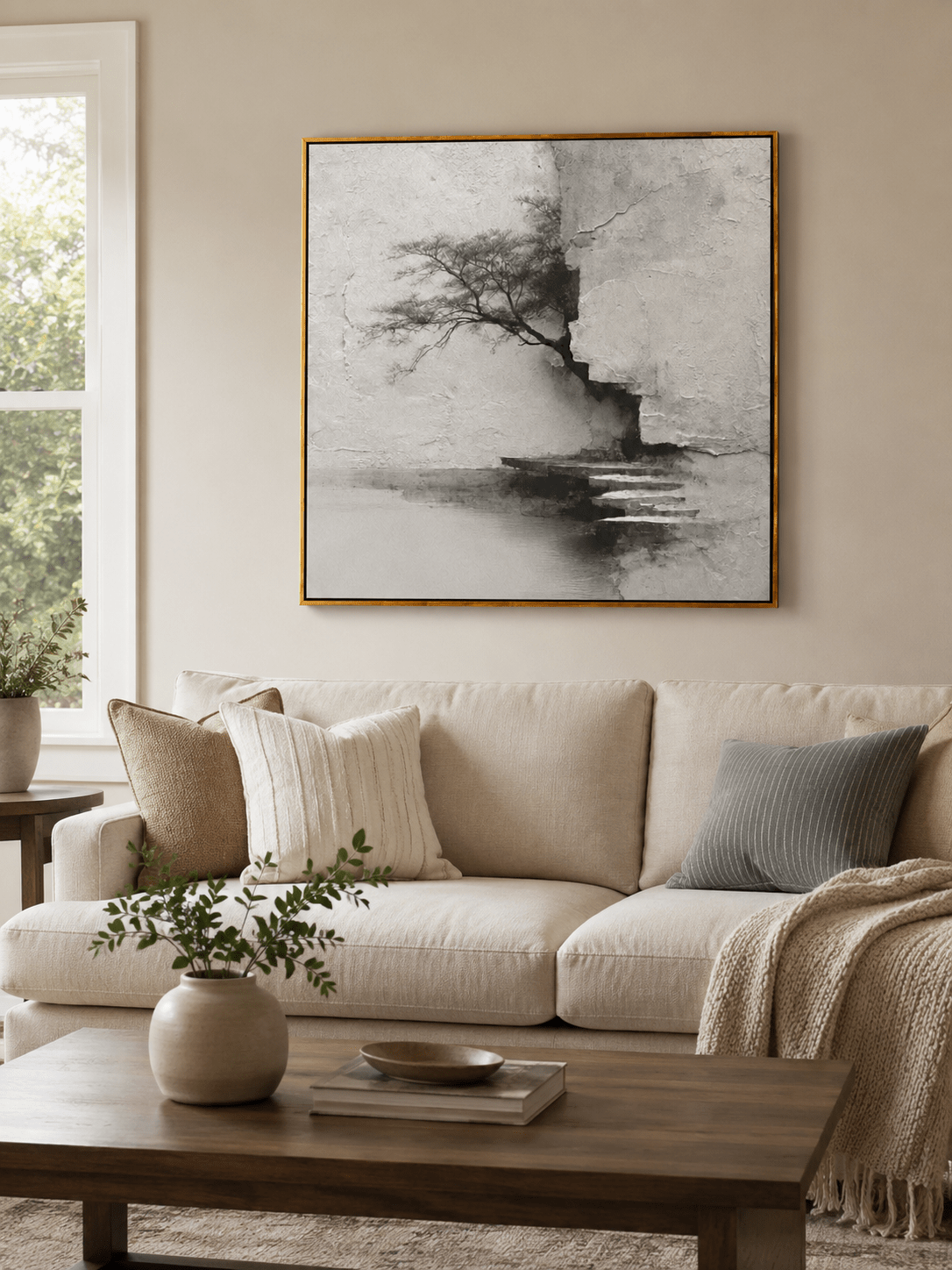 Wabi sabi lone tree textured wall art displayed above a neutral sofa in a modern living room