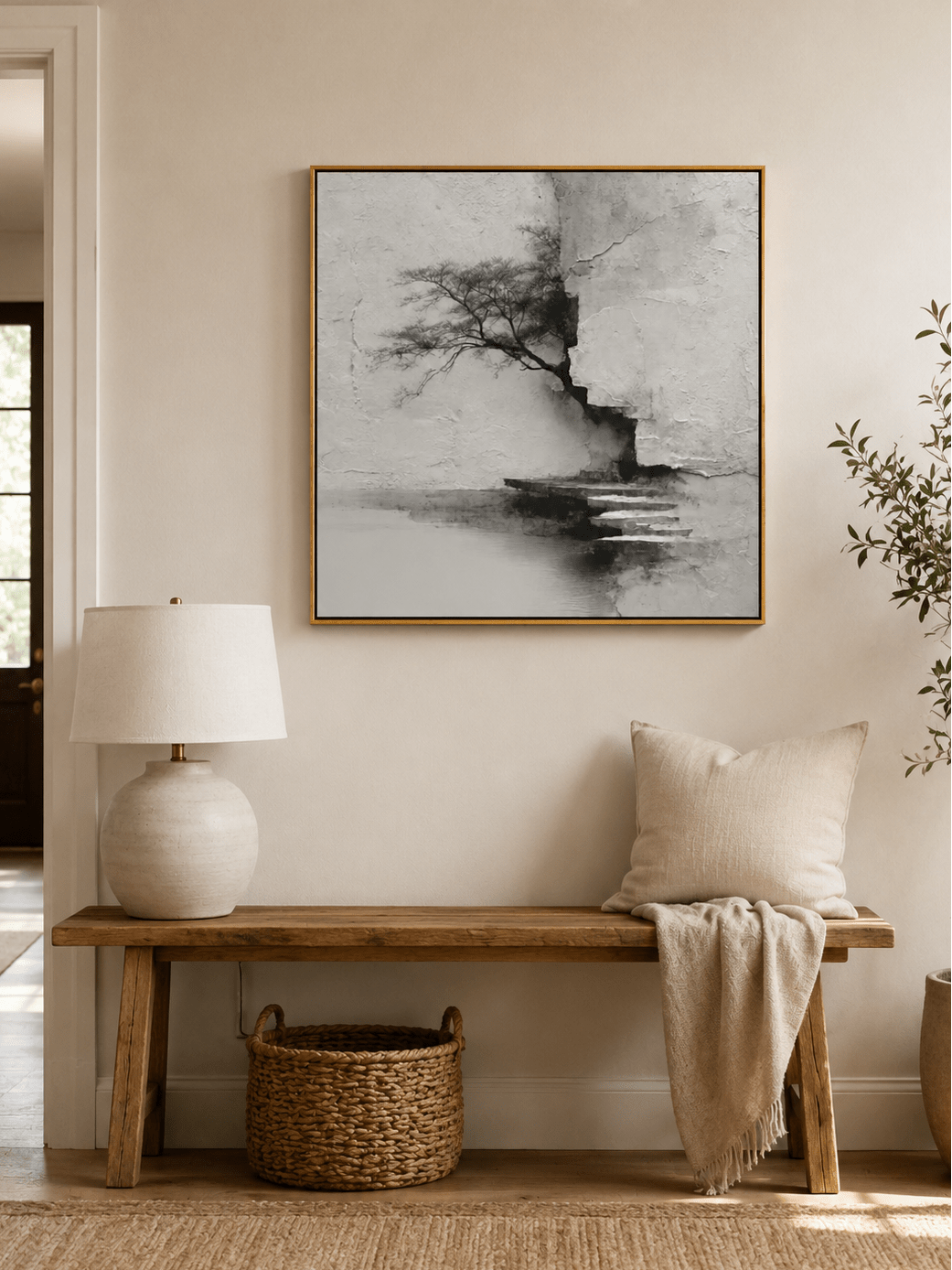 Minimalist lone tree wall art displayed in a warm modern entryway with neutral furniture and organic decor