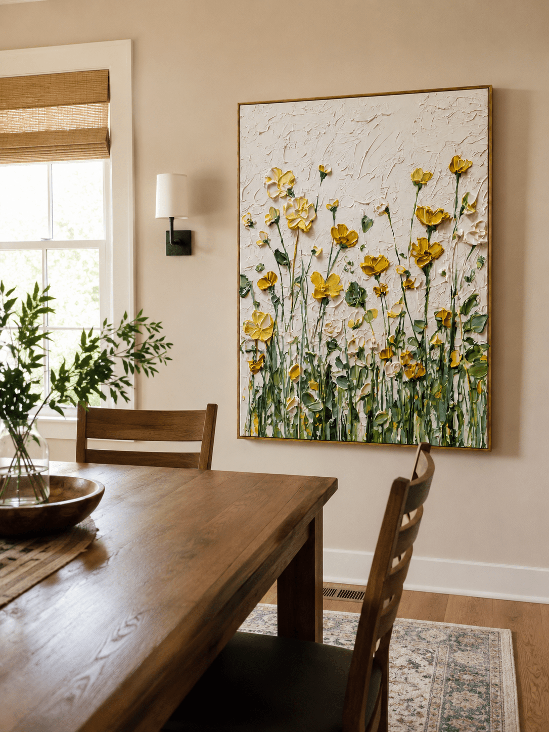 Hand-painted wildflower meadow wall art displayed in a modern open-plan dining room