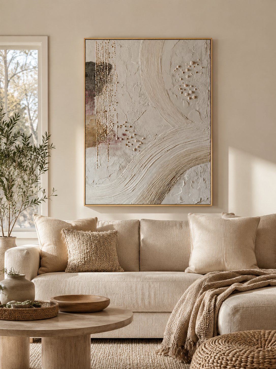 Neutral textured abstract wall art displayed above a beige sofa in an organic modern living room