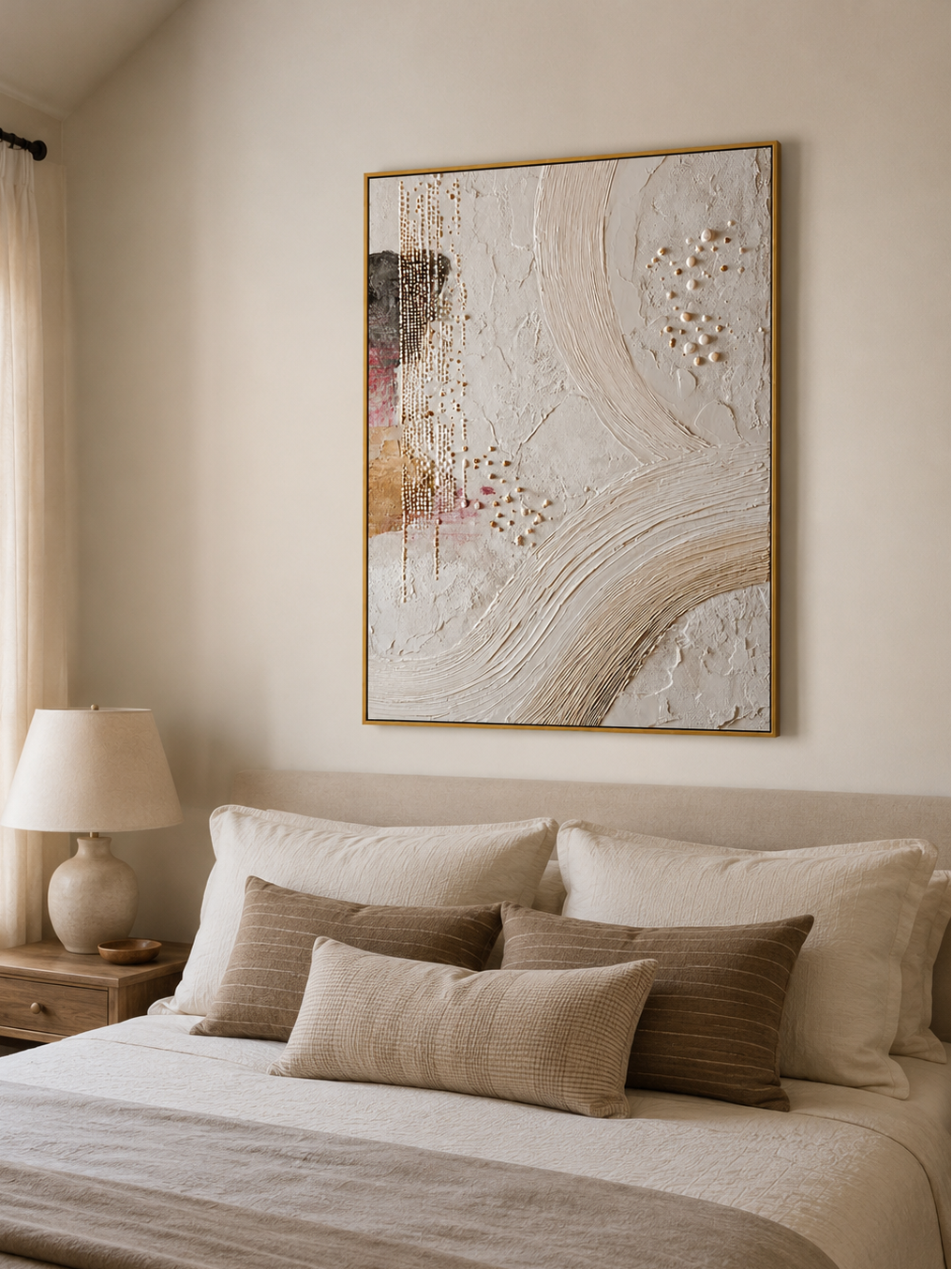 Ivory sculptural abstract painting displayed above the bed in a warm minimalist bedroom