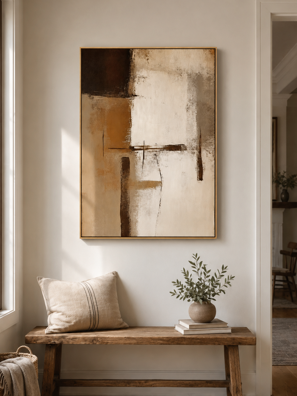 Vertical earth-tone abstract wall art displayed above a console table in a contemporary entryway