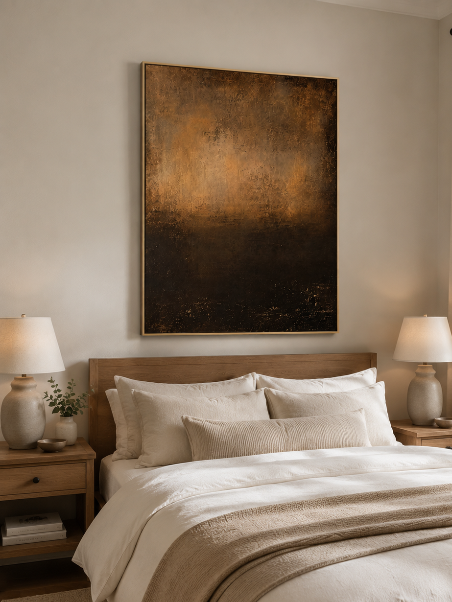 Dark bronze abstract painting displayed above the bed in a warm minimalist bedroom