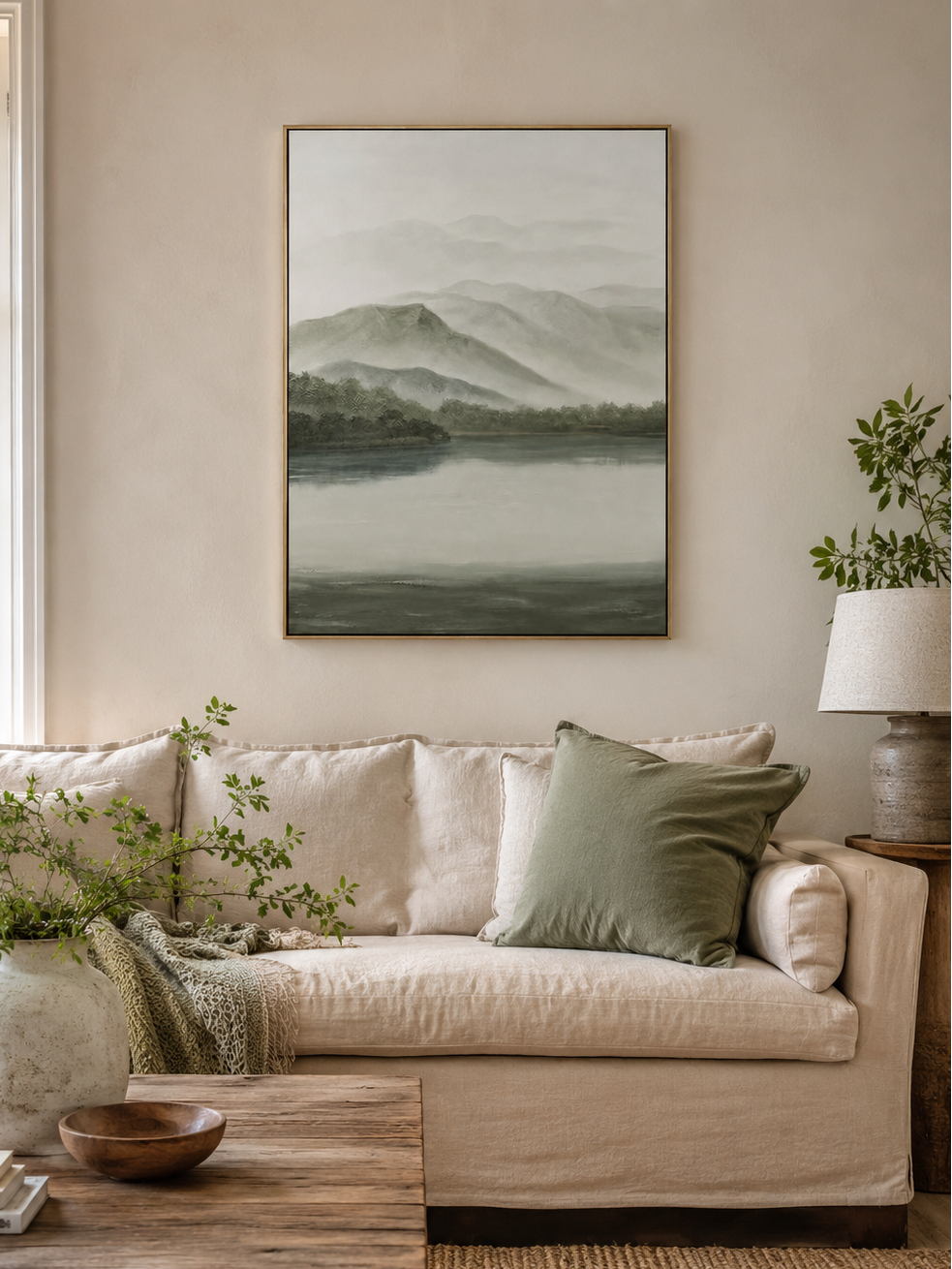 Minimalist landscape wall art with misty green mountains and peaceful lake
