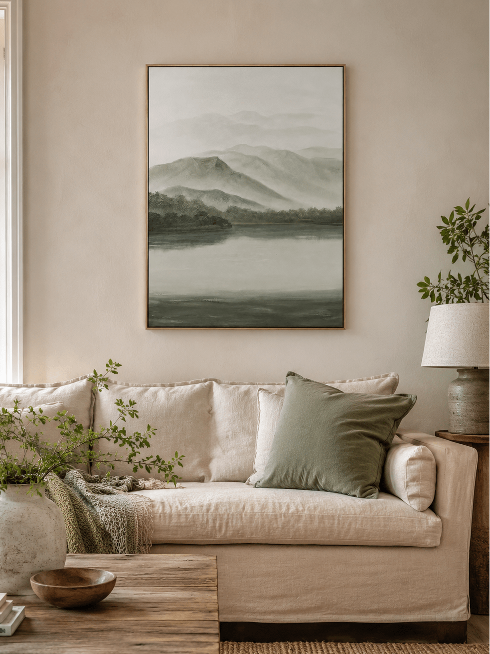 Minimalist landscape wall art with misty green mountains and peaceful lake
