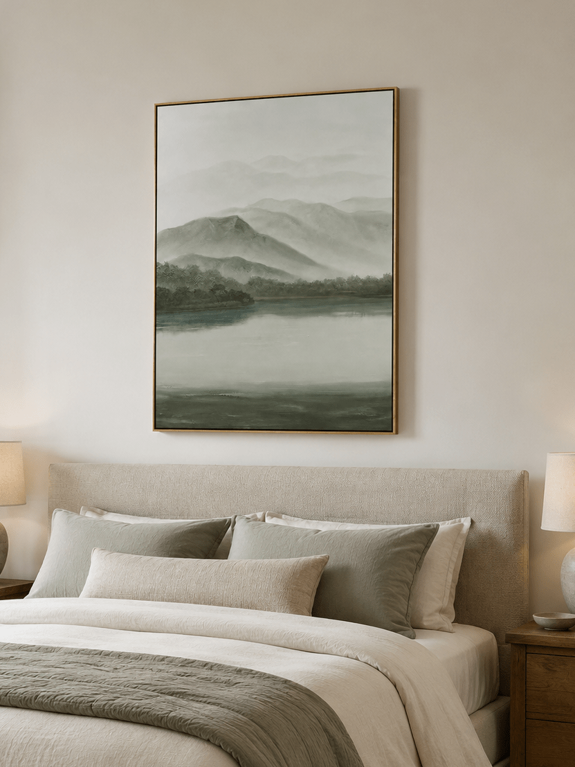 Sage green mountain wall art for bedroom, living room and nature-inspired decor