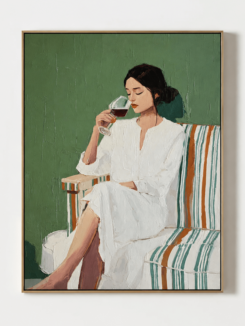 Hand painted modern figurative wall art of a woman in white holding a wine glass against a deep sage green background.