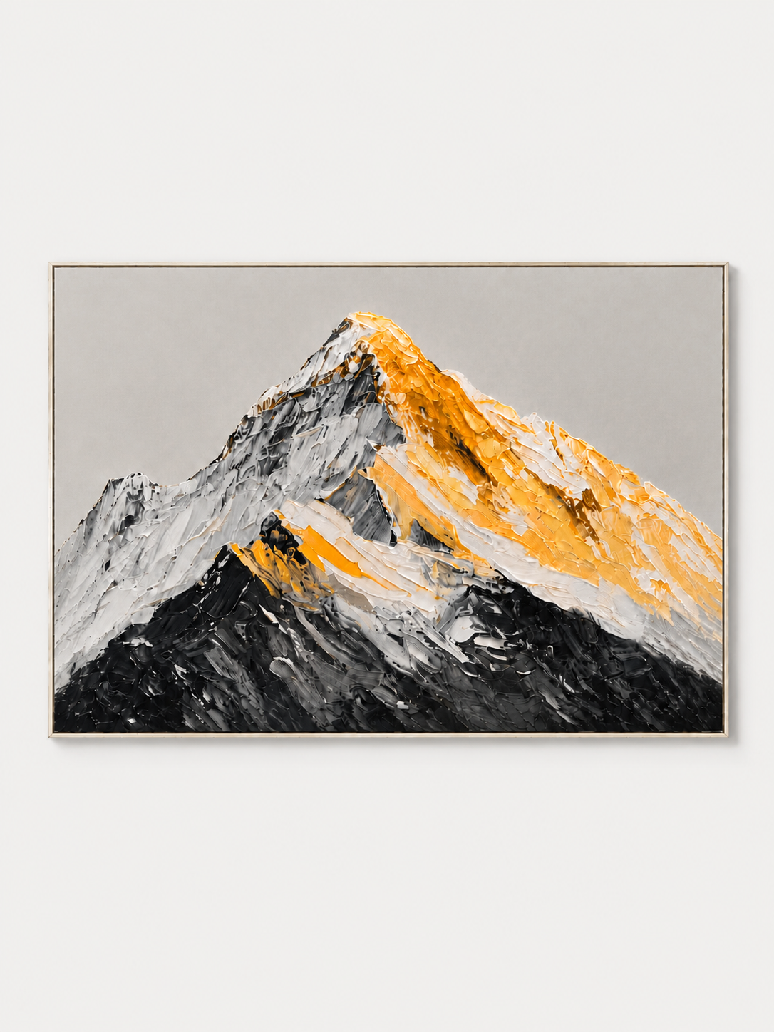 Hand-painted black and gold impasto mountain wall art by Evelyn Li on a white background