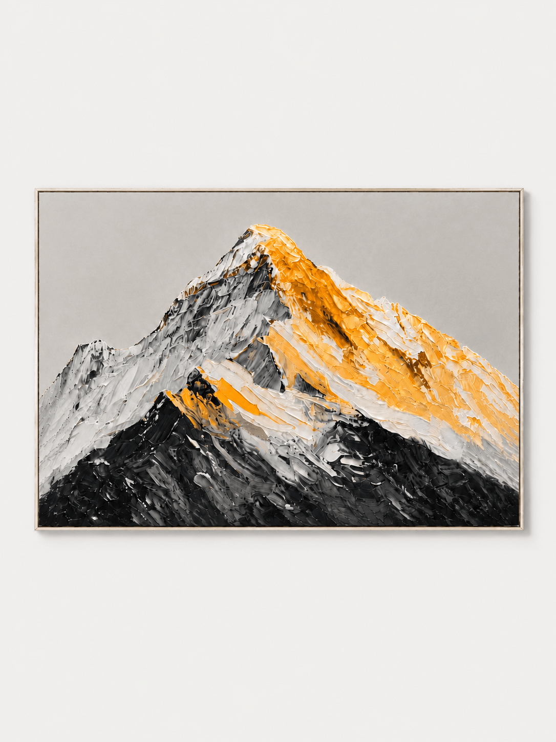 Hand-painted black and gold impasto mountain wall art by Evelyn Li on a white background