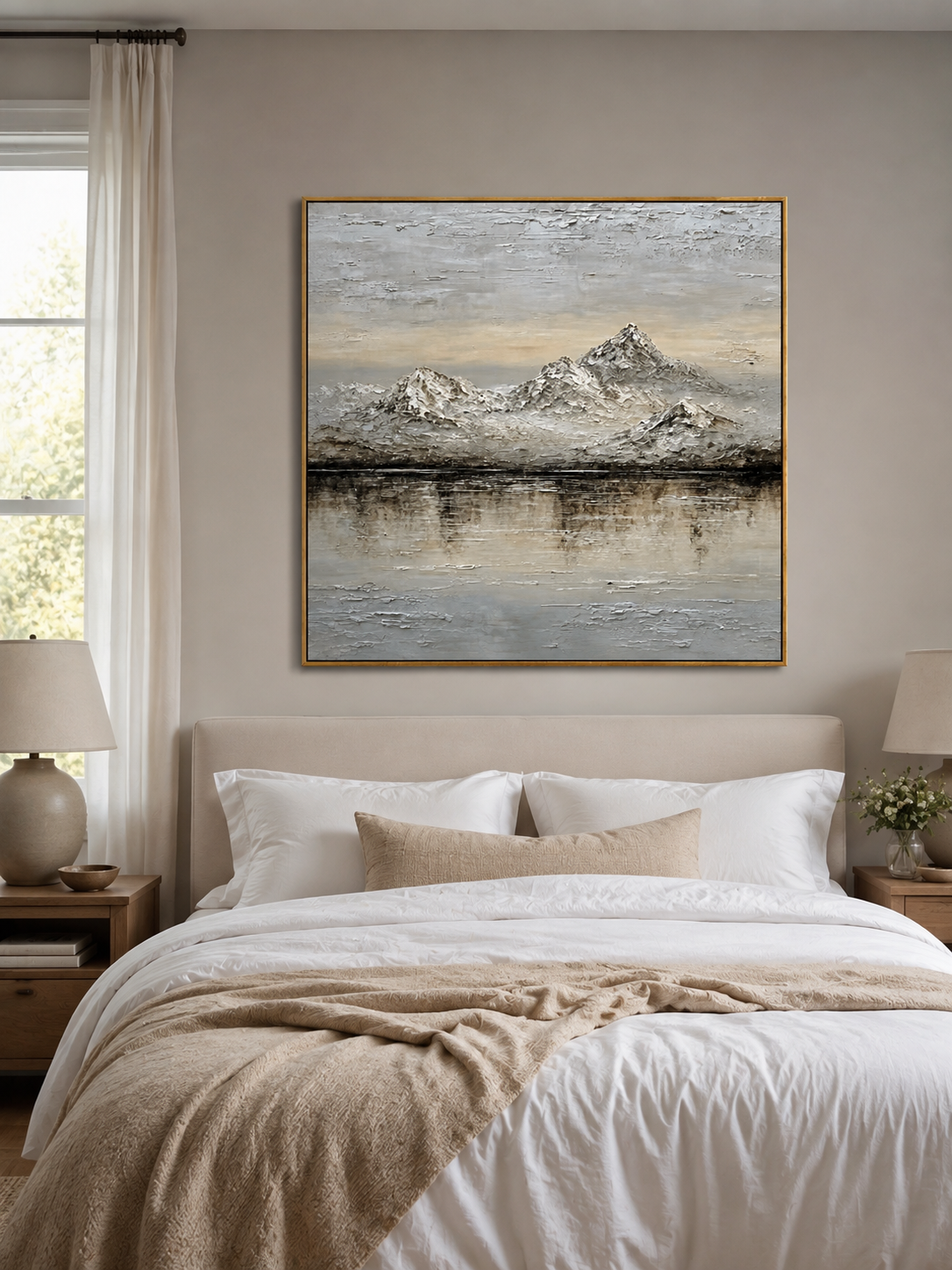 Wabi-sabi mountain landscape wall art displayed above a bed in a calm neutral bedroom