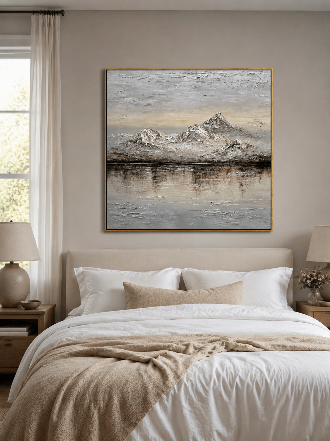Wabi-sabi mountain landscape wall art displayed above a bed in a calm neutral bedroom